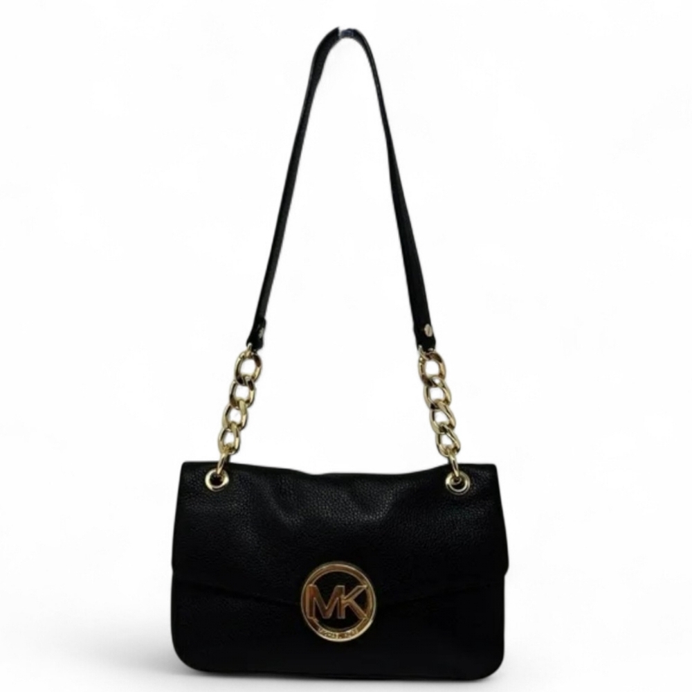 Michael Kors Black Pebbled Leather Shoulder Bag with Gold Hardware